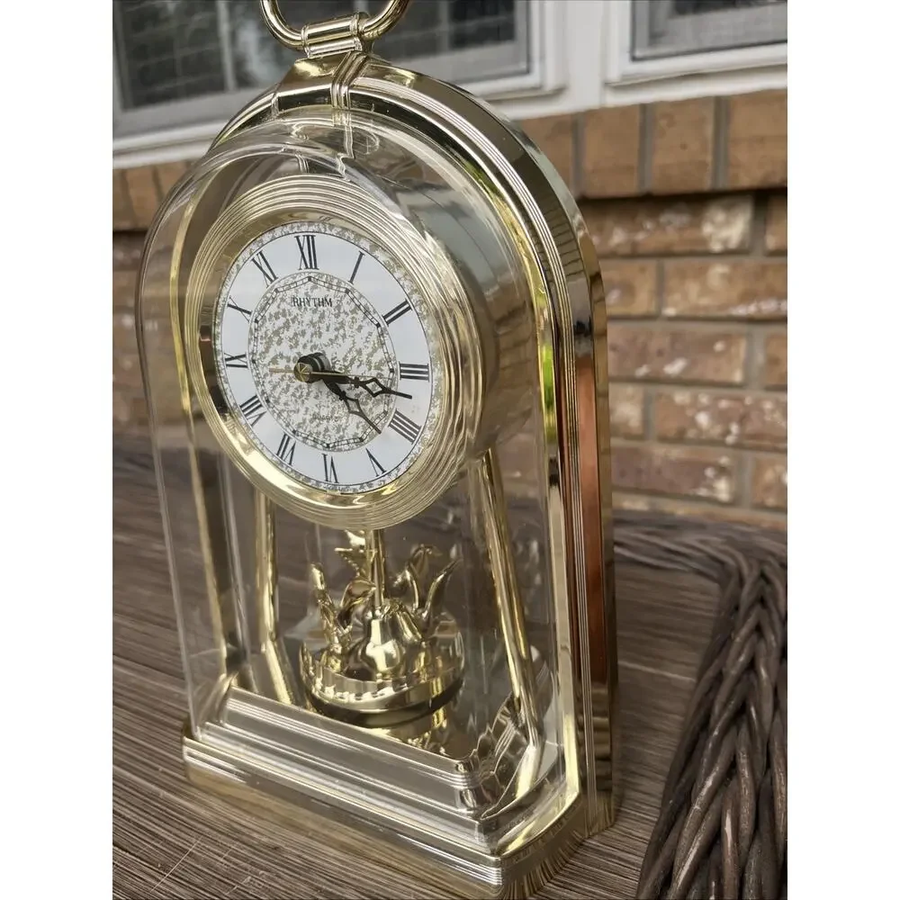 Rhythm Anniversary Mantel Clock Gold Rotating Pendulum Fully Working